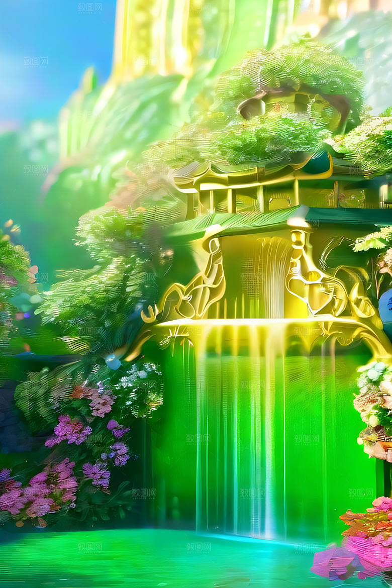 唯美夢幻玉石瀑布效果的绽放玫瑰水晶宫