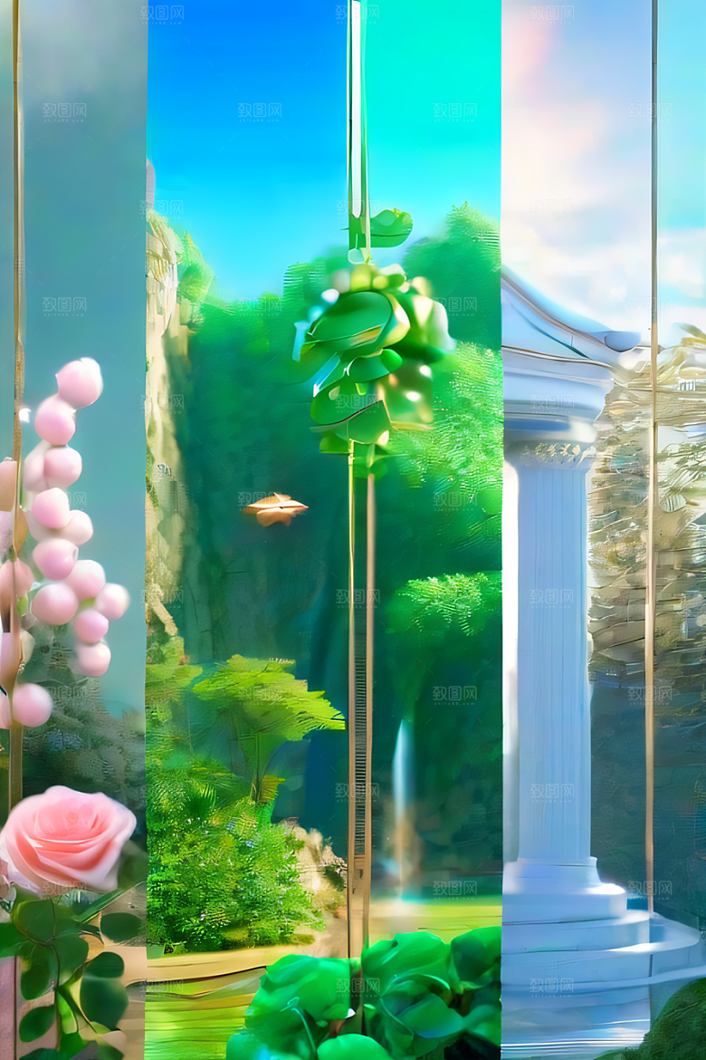 唯美夢幻玉石瀑布效果的绽放玫瑰水晶宫