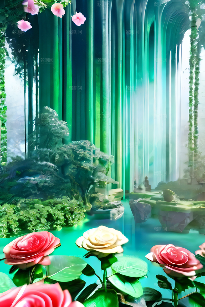 玉石与翡翠的天空宫殿金色瀑布效果