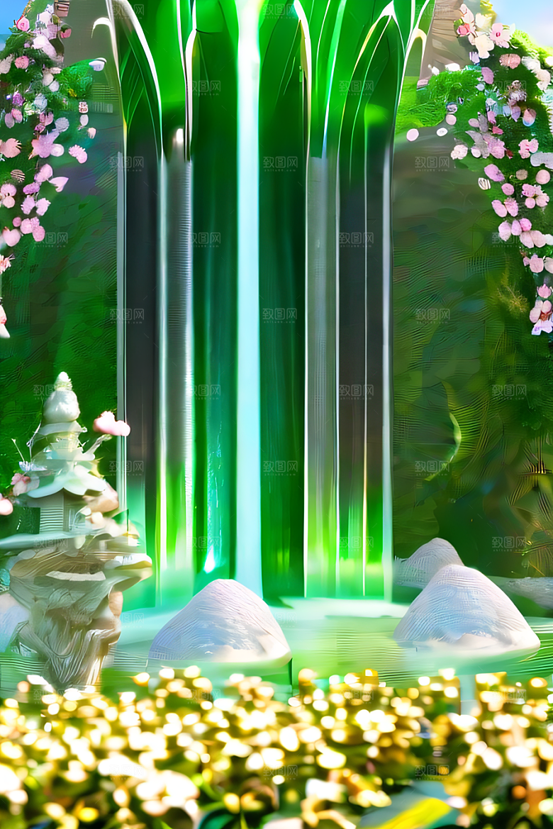 玉石与翡翠的天空宫殿金色瀑布效果