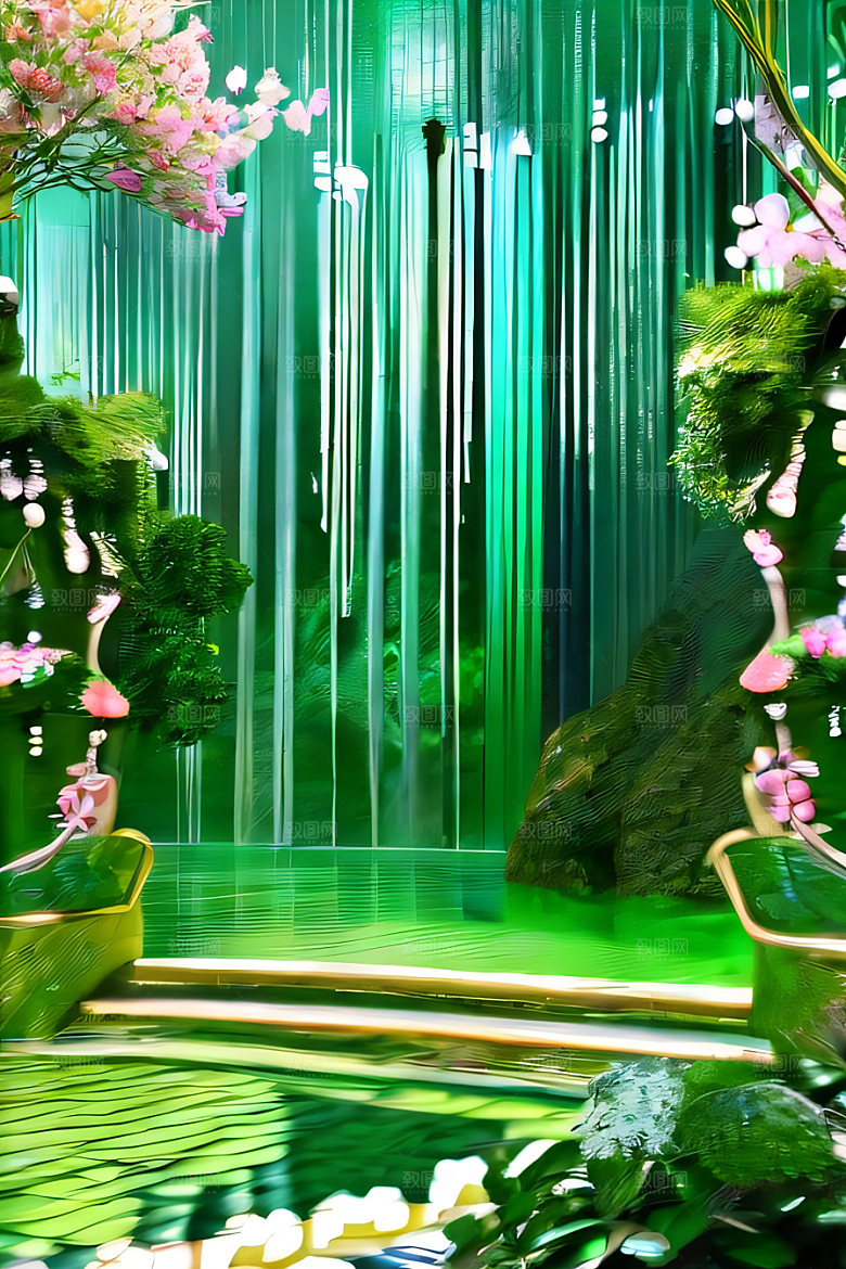 玉石与翡翠的天空宫殿金色瀑布效果