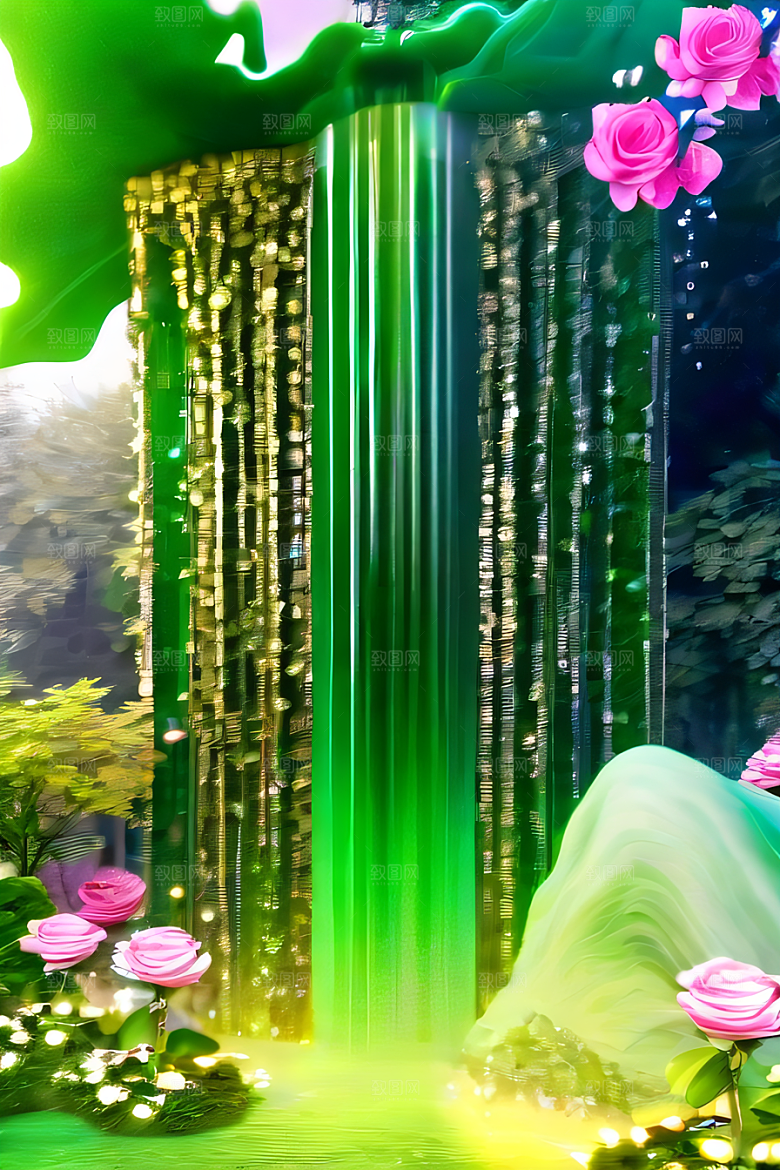 玉石与翡翠的天空宫殿金色瀑布效果