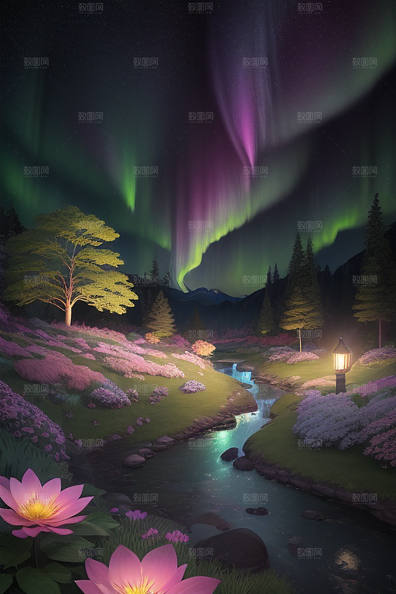 夏夜星辰奇幻极光与仙境丛林