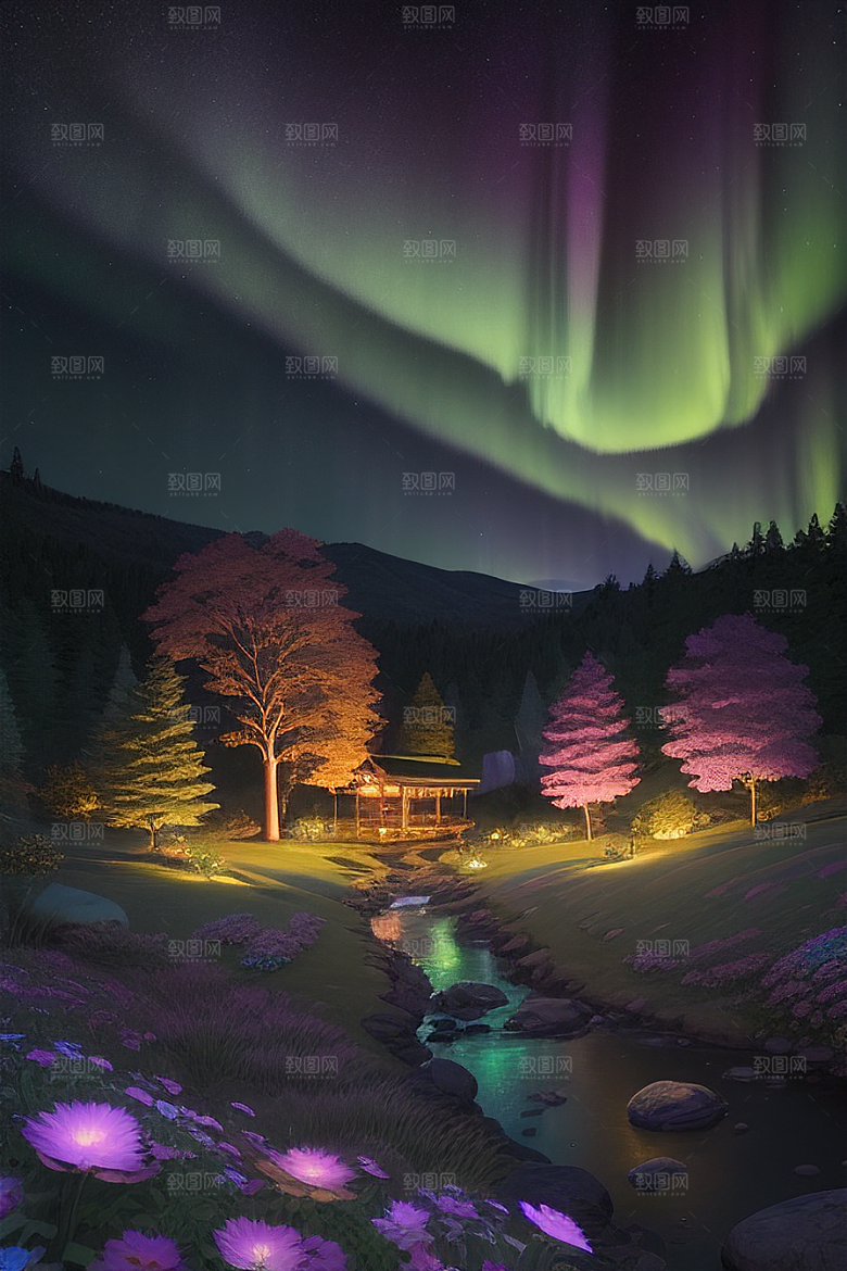 夏夜星辰奇幻极光与仙境丛林