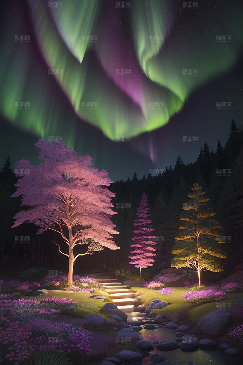 夏夜星辰奇幻极光与仙境丛林