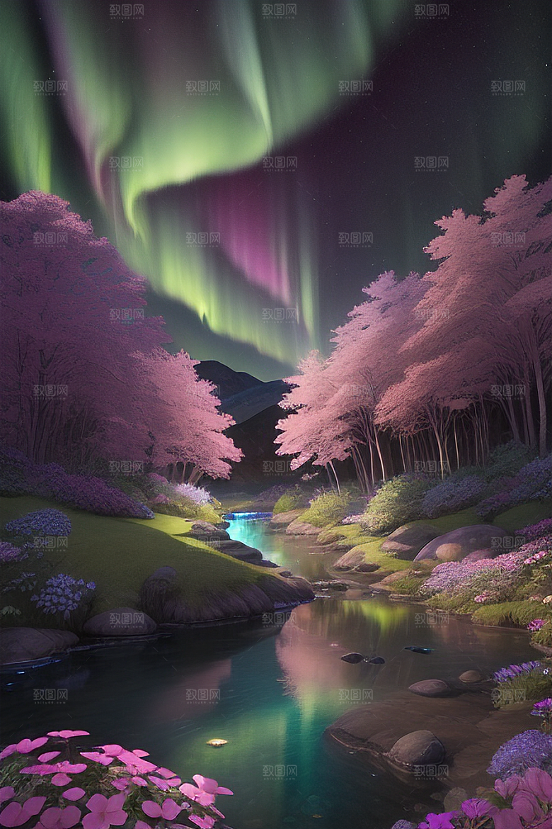夏夜星辰奇幻极光与仙境丛林