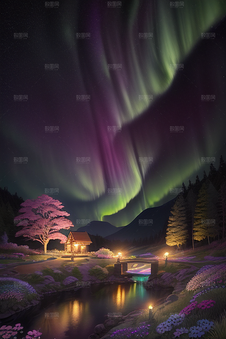 夏夜星辰奇幻极光与仙境丛林