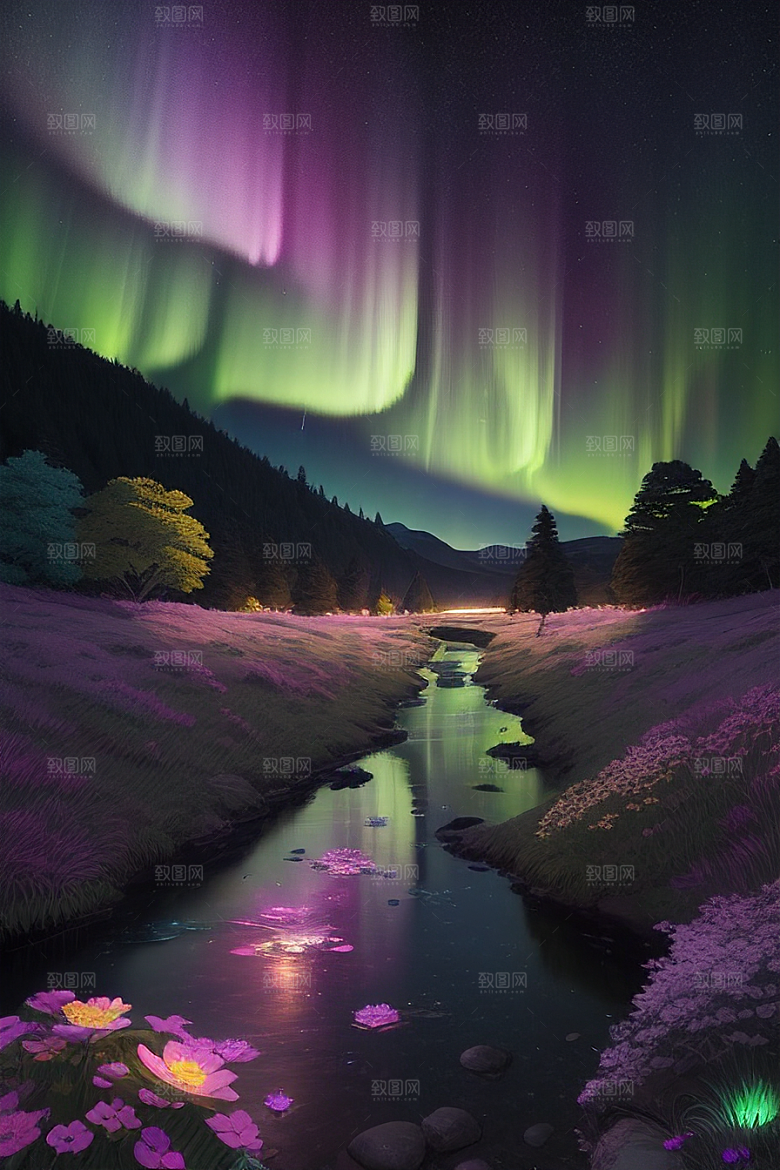 夏夜星辰奇幻极光与仙境丛林