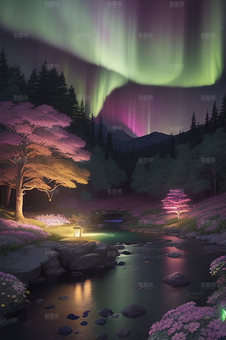 夏夜星辰奇幻极光与仙境丛林