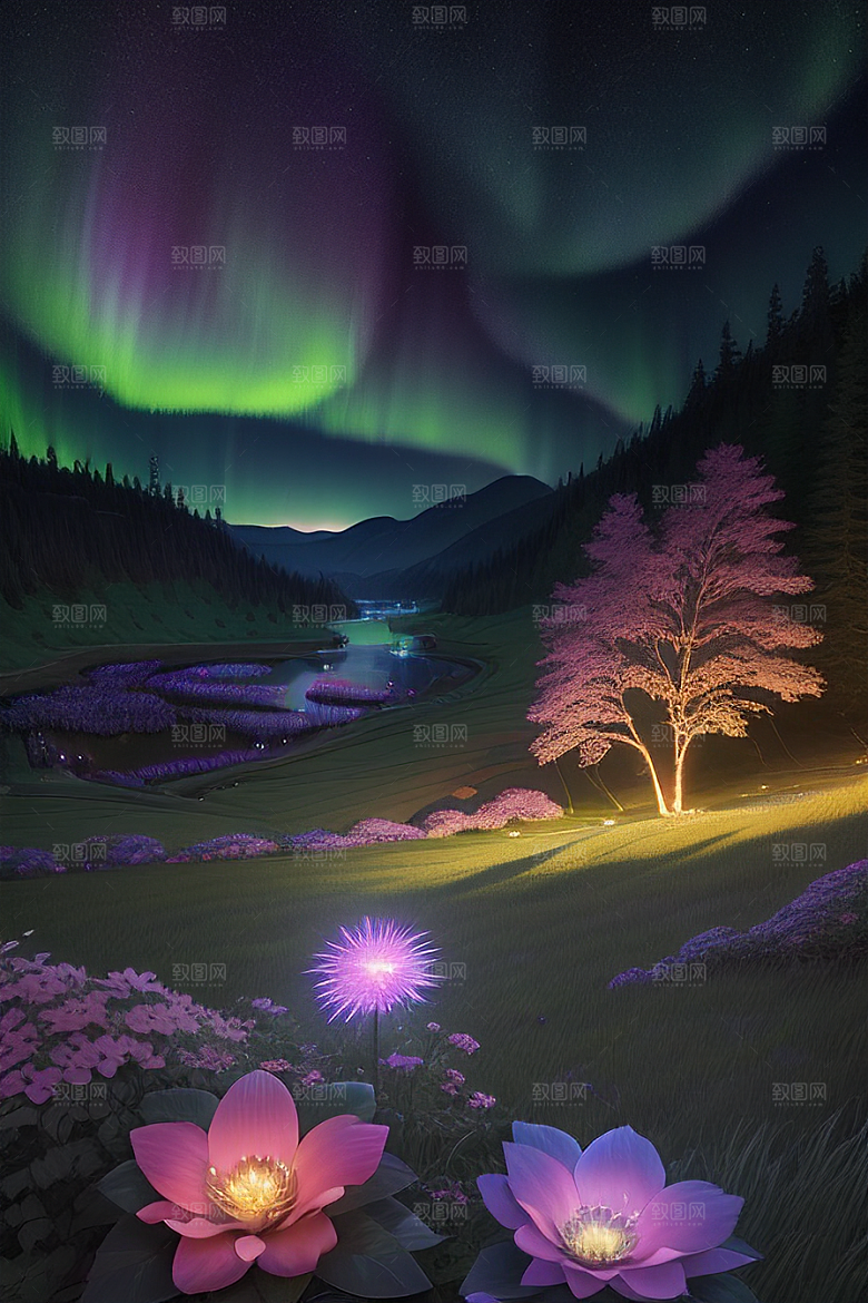 夏夜星辰奇幻极光与仙境丛林