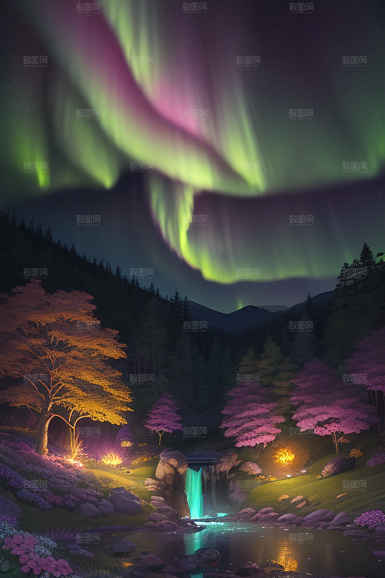 夏日星夜奇幻极光与神秘丛林