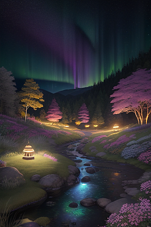 夏日星夜奇幻极光与神秘丛林