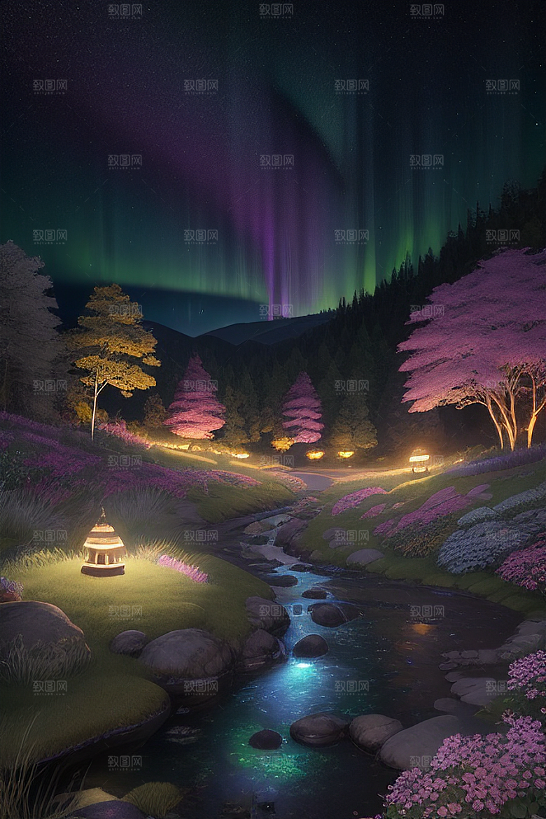 夏日星夜奇幻极光与神秘丛林