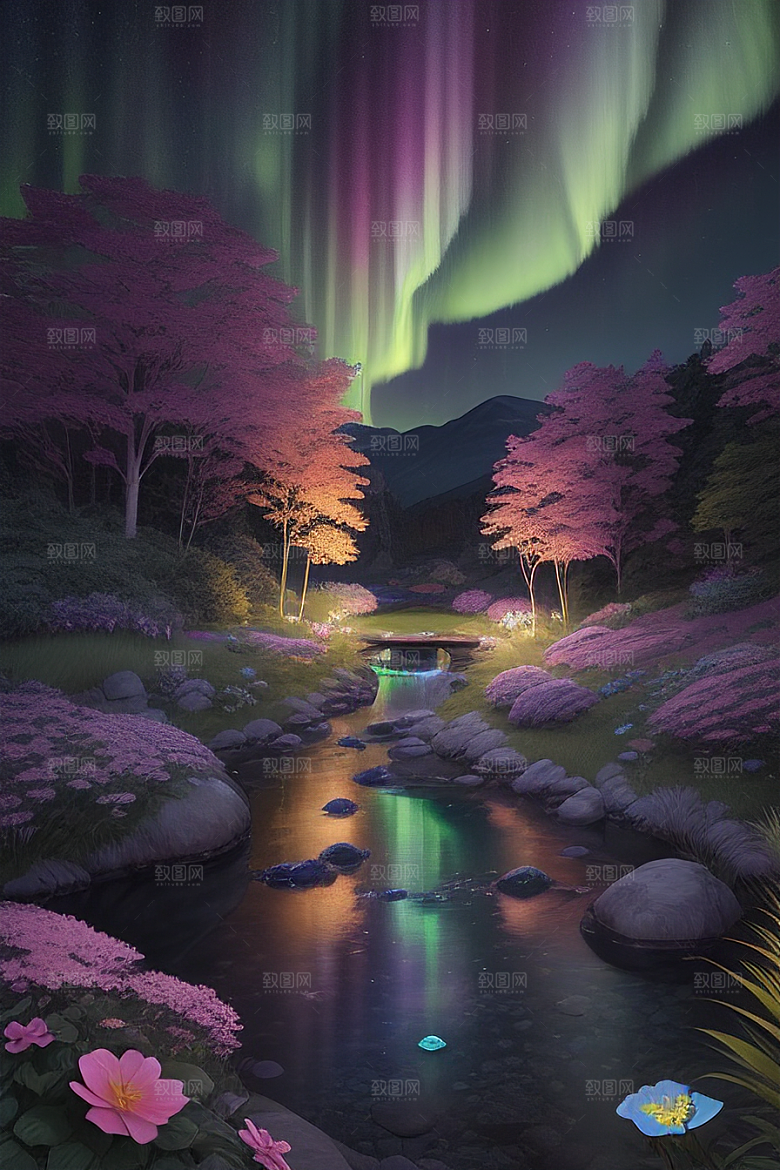 夏日星夜奇幻极光与神秘丛林