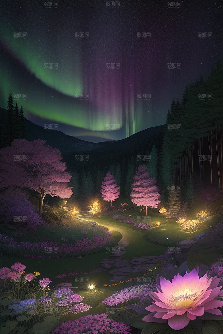 夏日星夜奇幻极光与神秘丛林