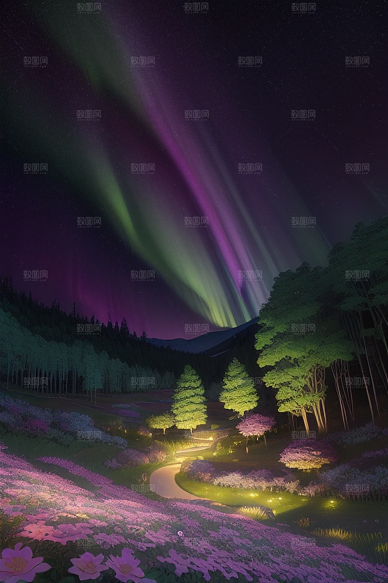 夏日星夜奇幻极光与神秘丛林