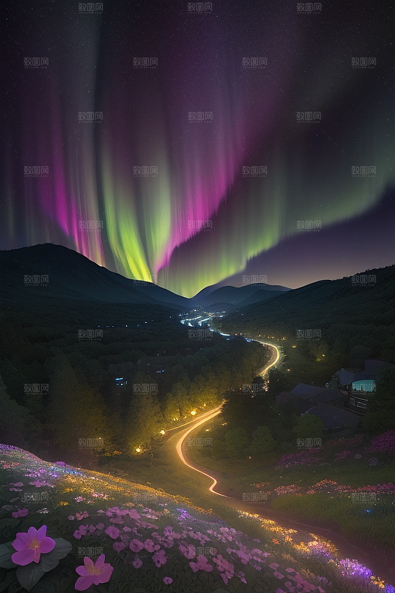 夏日星夜奇幻极光与神秘丛林