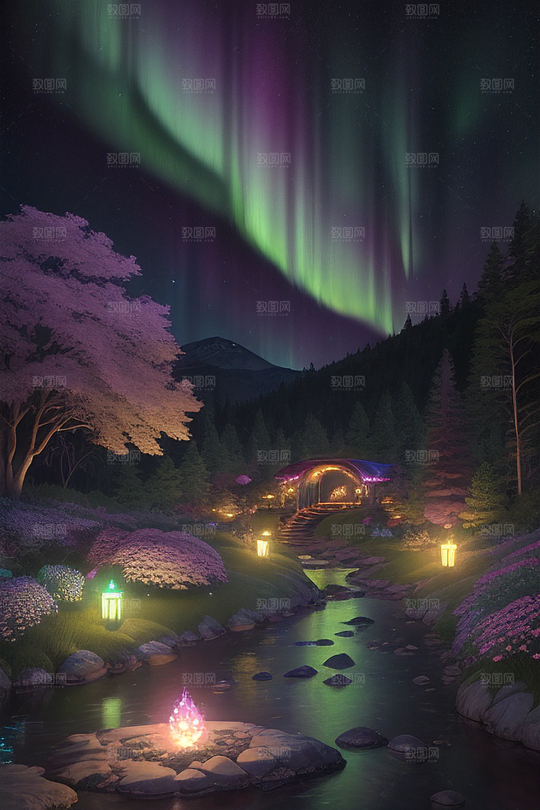 夏日星夜奇幻极光与神秘丛林