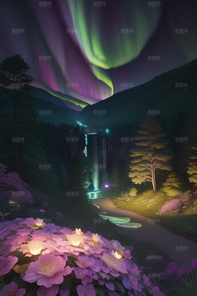 夏日星夜奇幻极光与神秘丛林