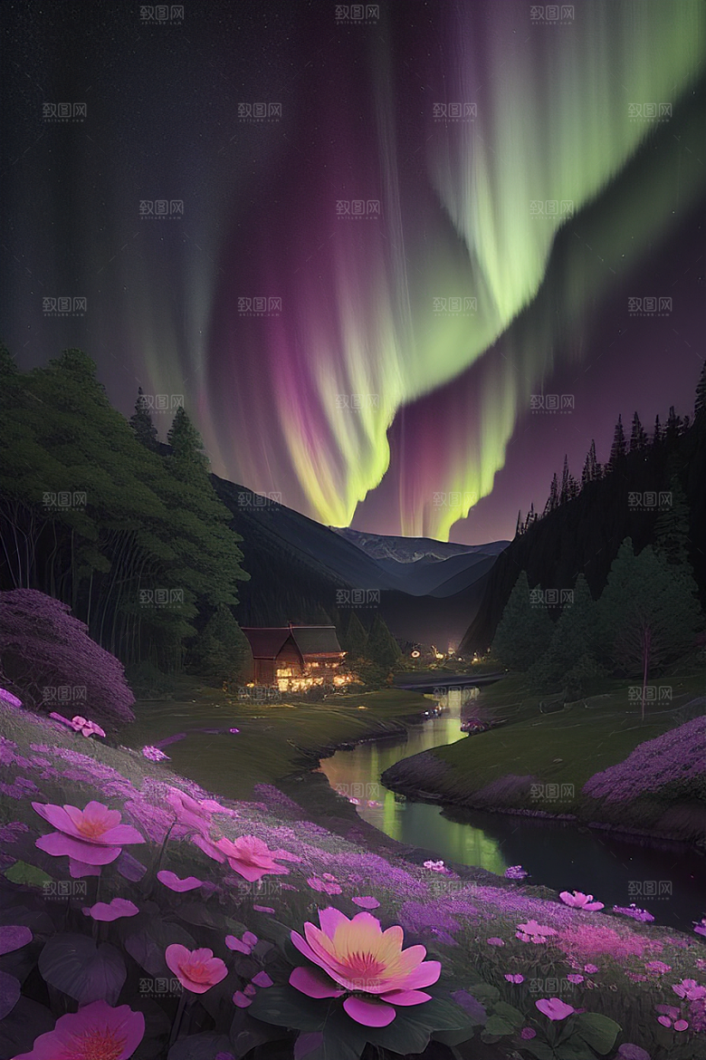夏日星夜奇幻极光与神秘丛林