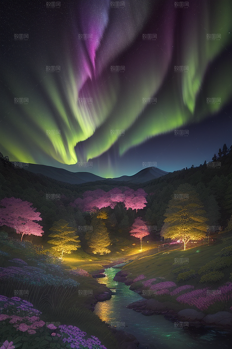夏日星夜奇幻极光与神秘丛林