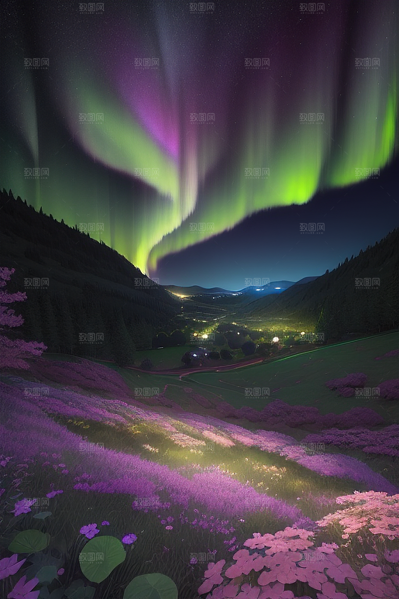 夏日星夜奇幻极光与神秘丛林