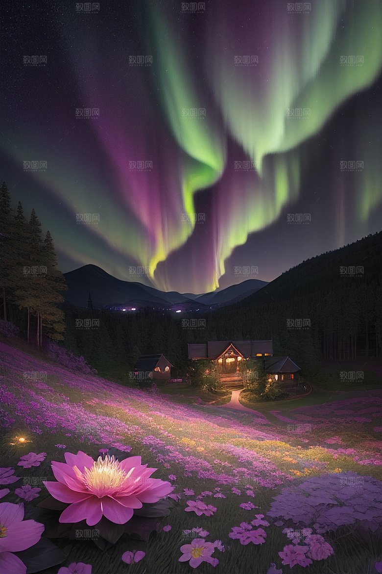 夏夜星辰奇幻极光与丛林