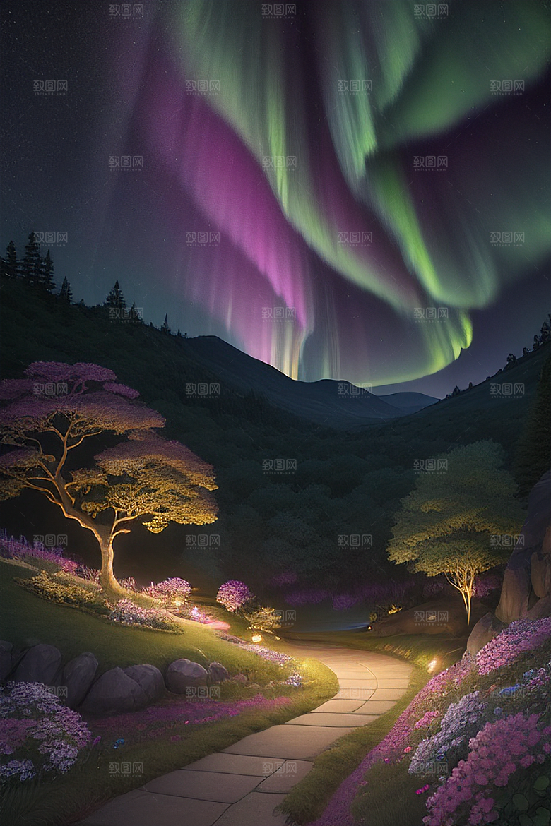夏夜星辰奇幻极光与丛林