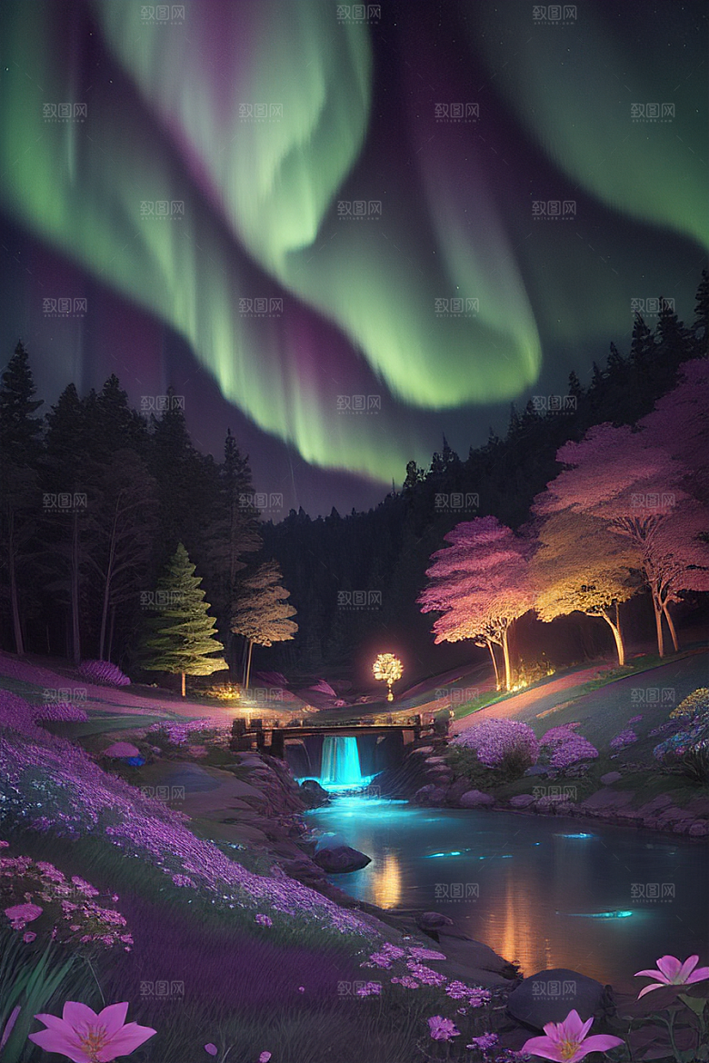 夏夜星辰奇幻极光与丛林