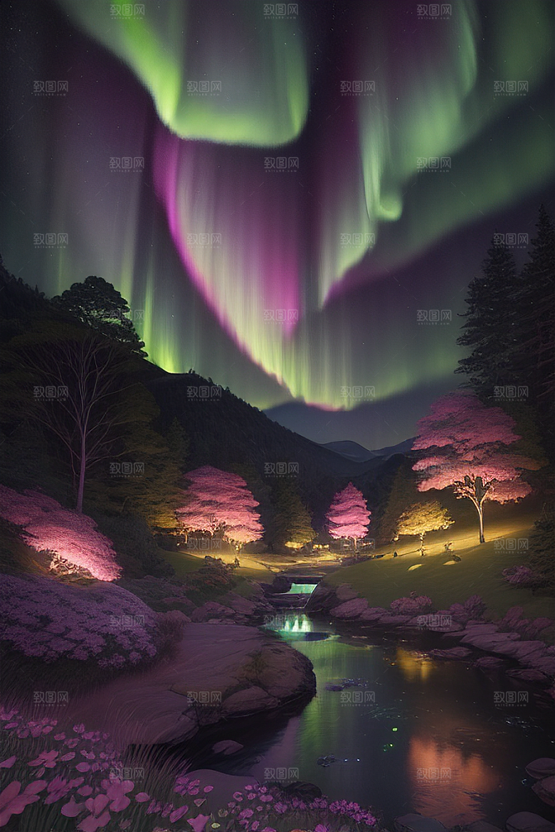 夏夜星辰奇幻极光与丛林