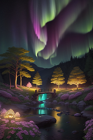 夏夜星辰奇幻极光与丛林