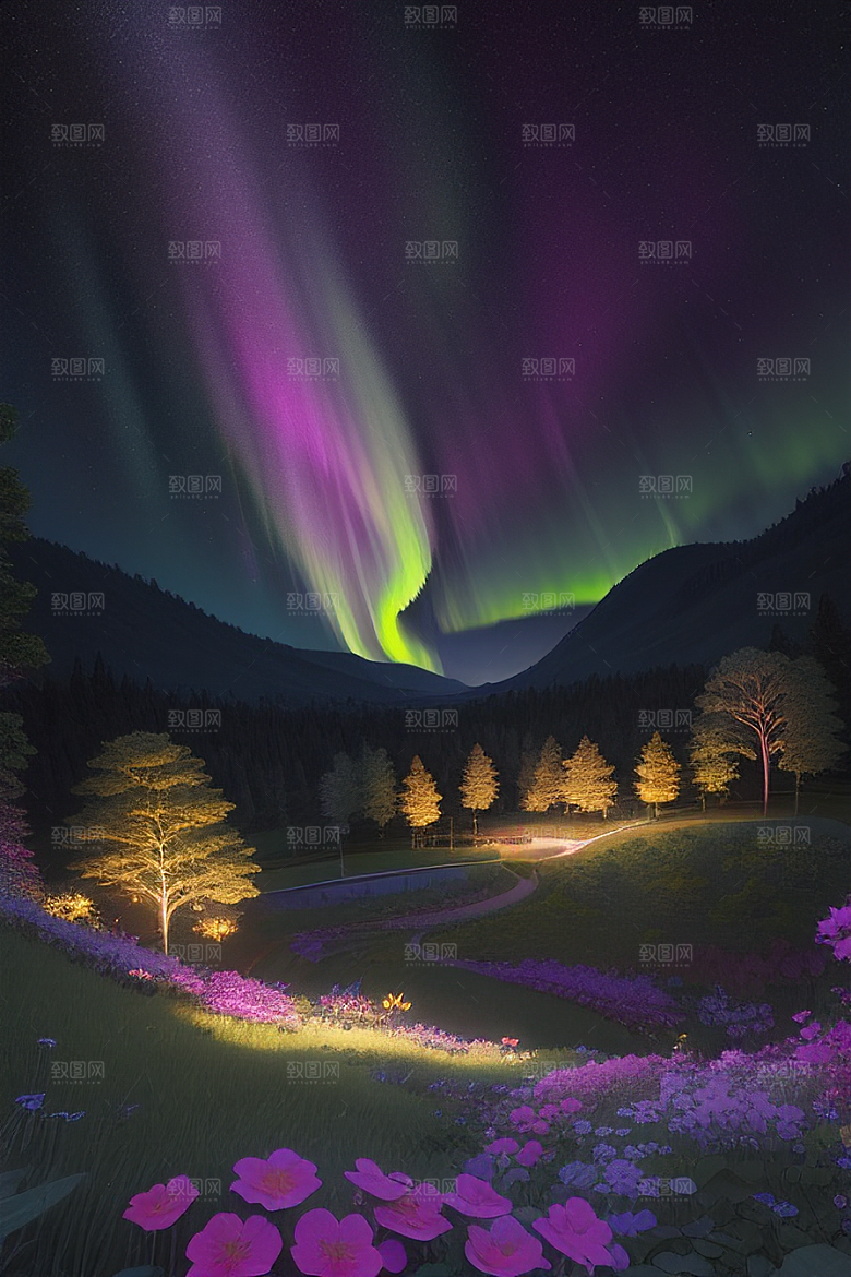 夏夜星辰奇幻极光与丛林