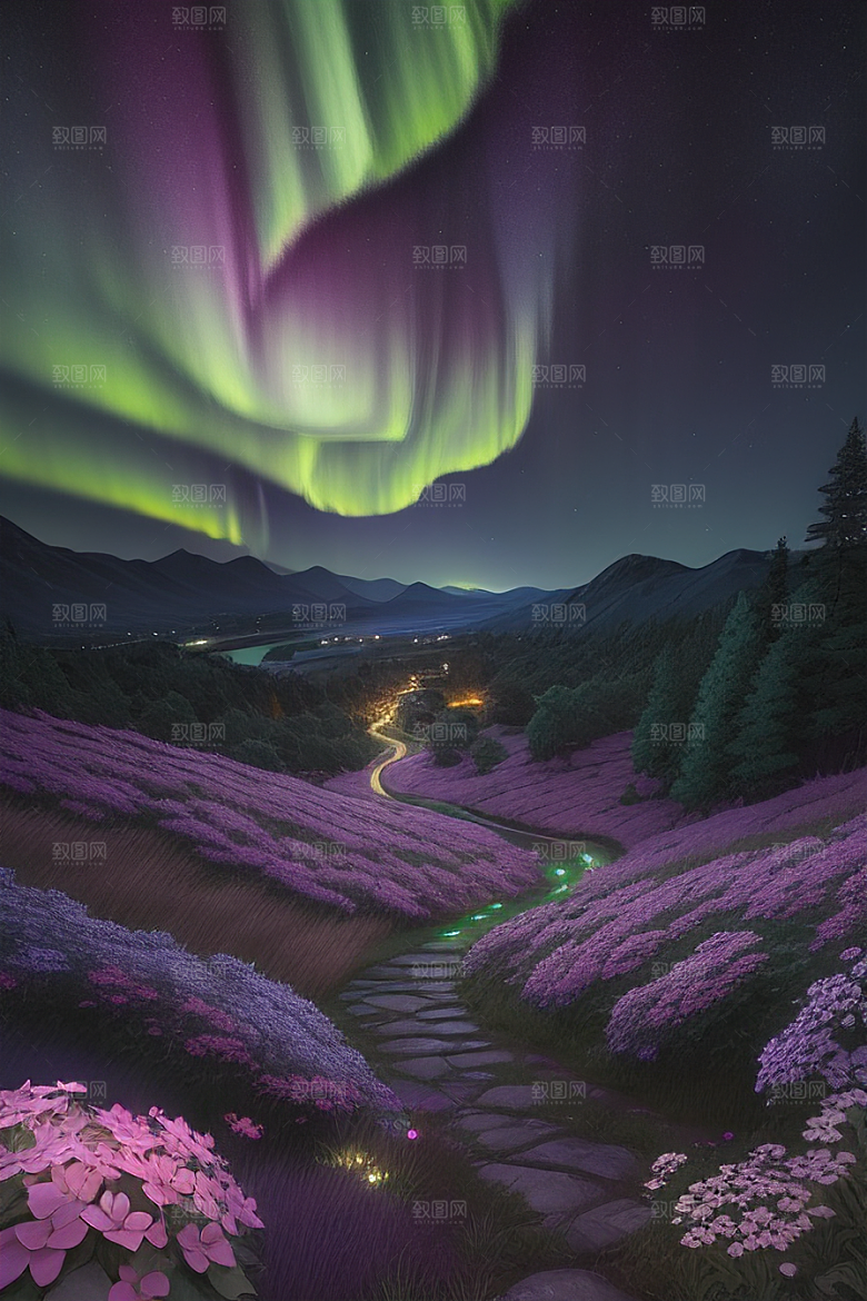夏夜星辰奇幻极光与丛林