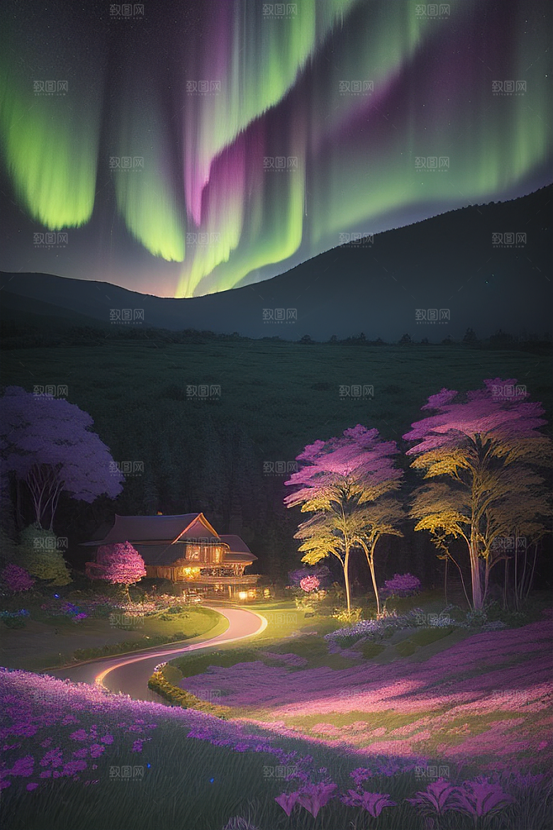 夏夜星辰奇幻极光与丛林