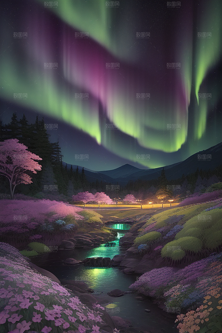 夏夜星辰奇幻极光与丛林