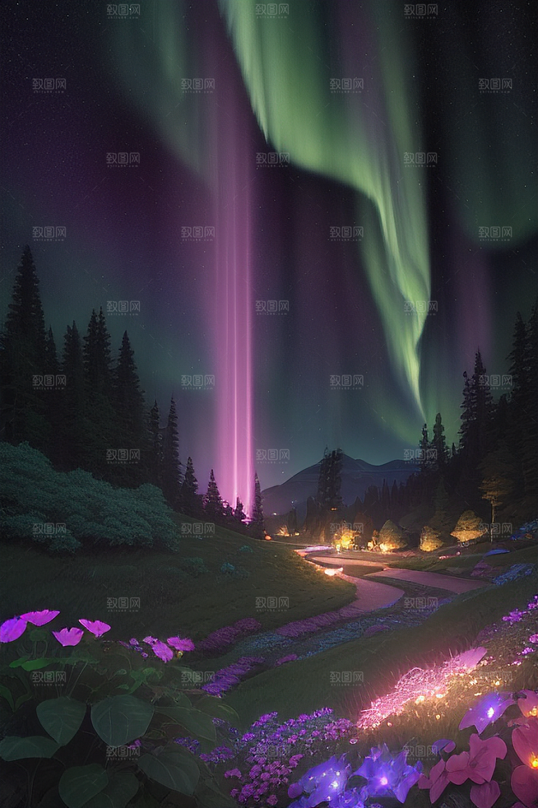 夏夜星辰奇幻极光与丛林