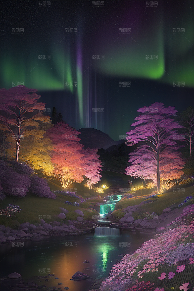夏夜星辰奇幻极光与丛林