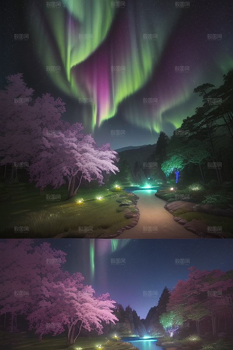 夏夜星辰奇幻极光与丛林