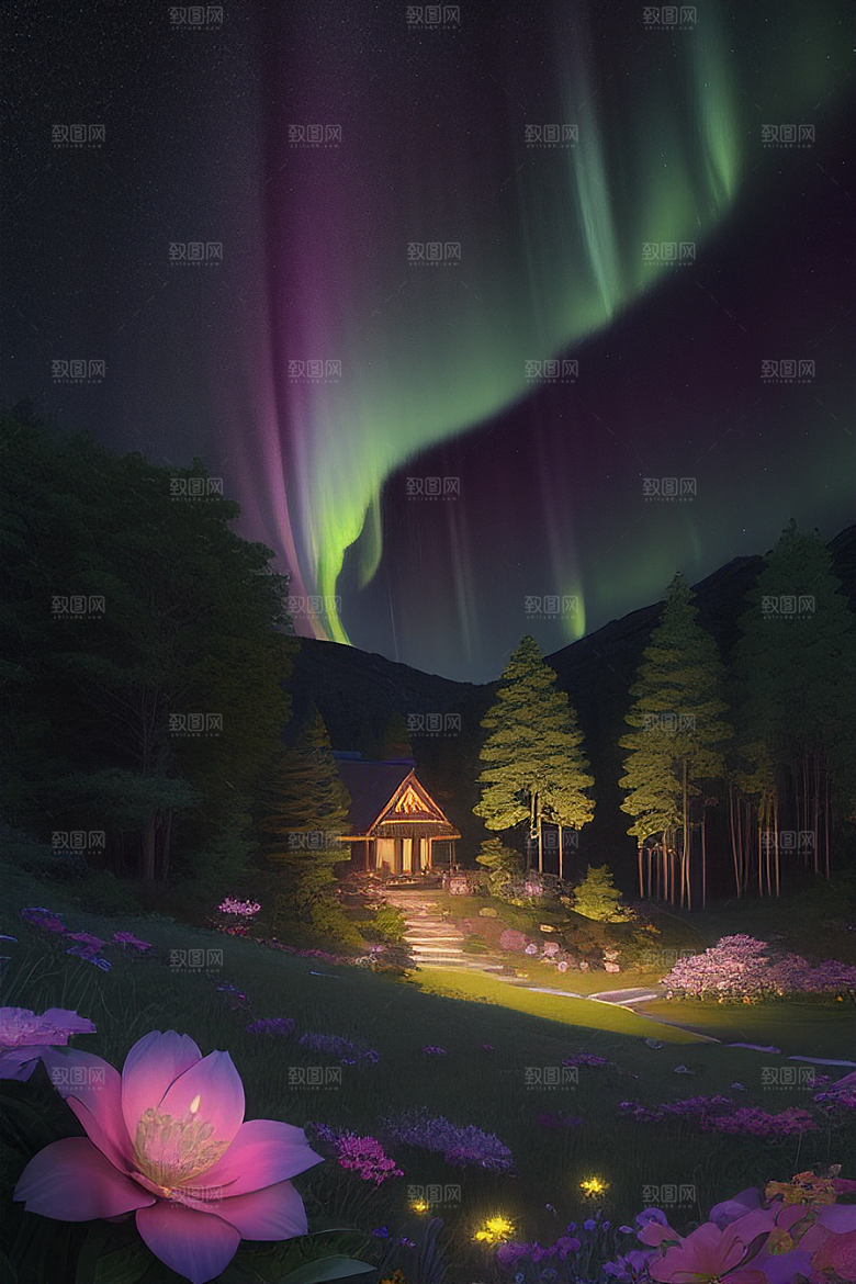 夏夜星辰奇幻极光与丛林