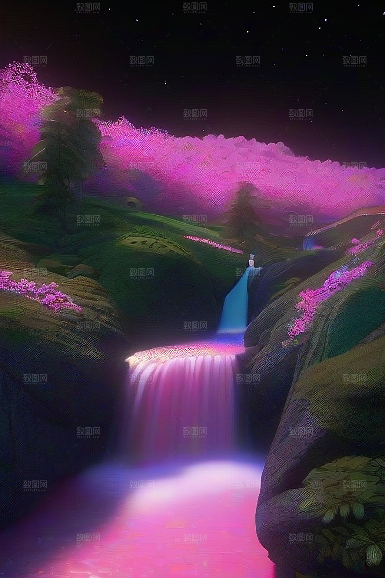 仙境瀑布粉色流水与盛开之花