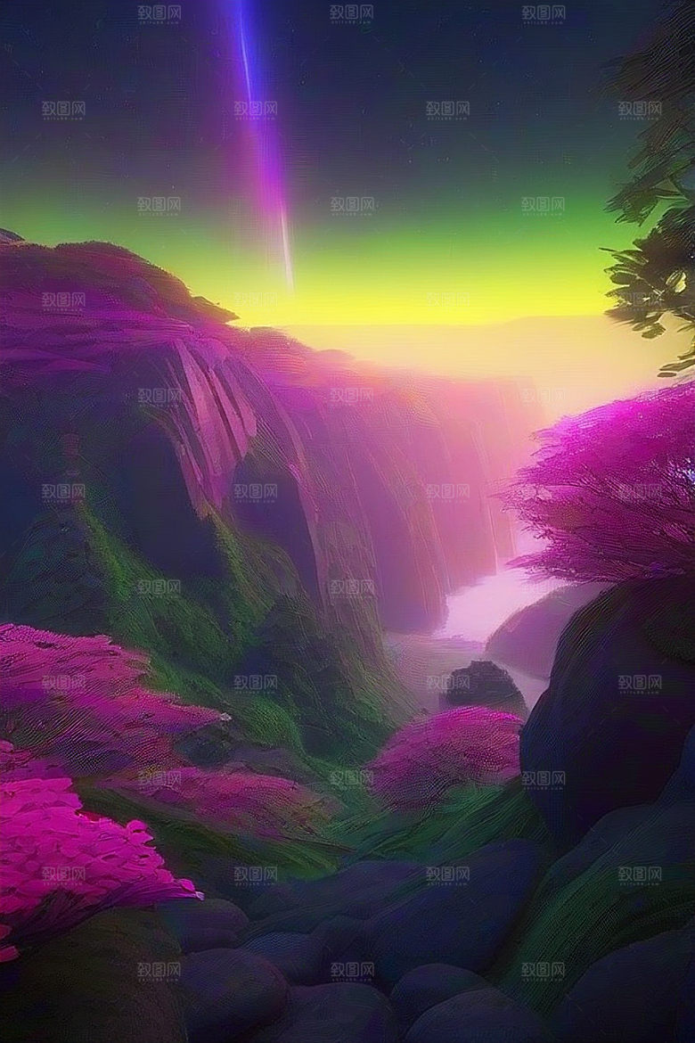 仙境瀑布粉色流水与盛开之花