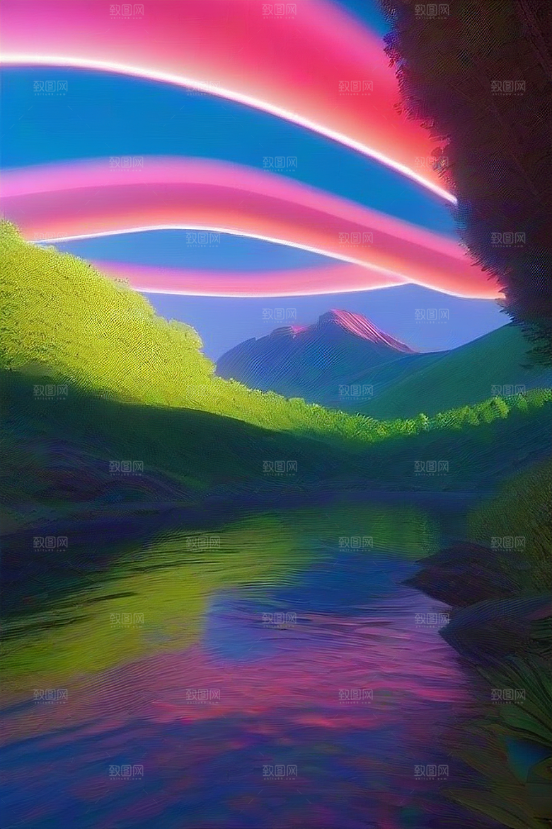 仙境瀑布粉色流水与盛开之花