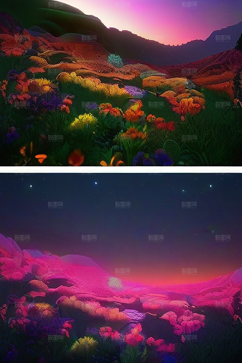 仙境瀑布粉色流水与盛开之花