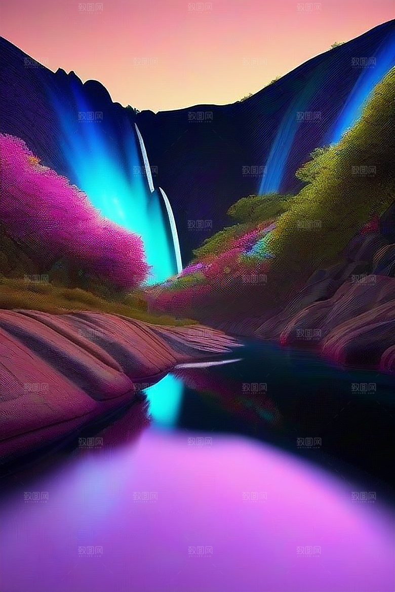 仙境瀑布粉色流水与盛开之花