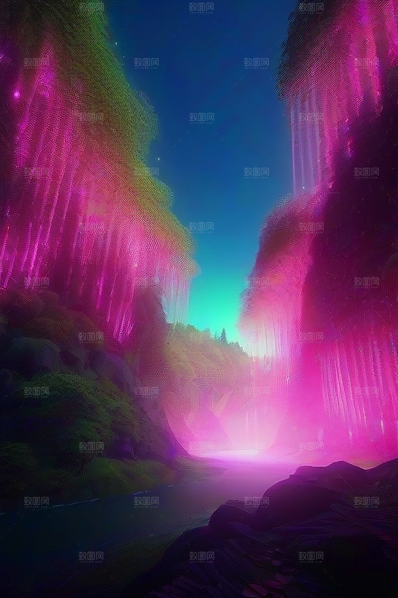 仙境瀑布粉色流水与盛开之花