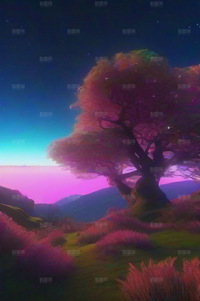 夏夜星辰奇幻极光与仙境丛林