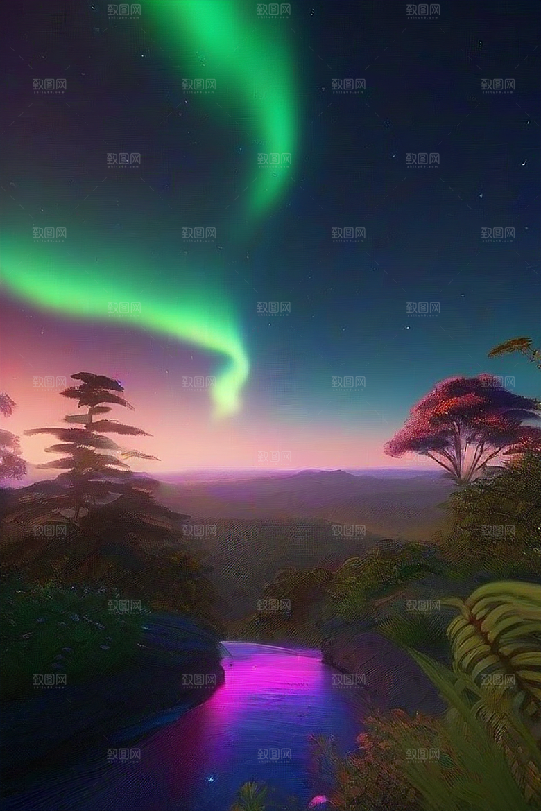 夏夜星辰奇幻极光与仙境丛林