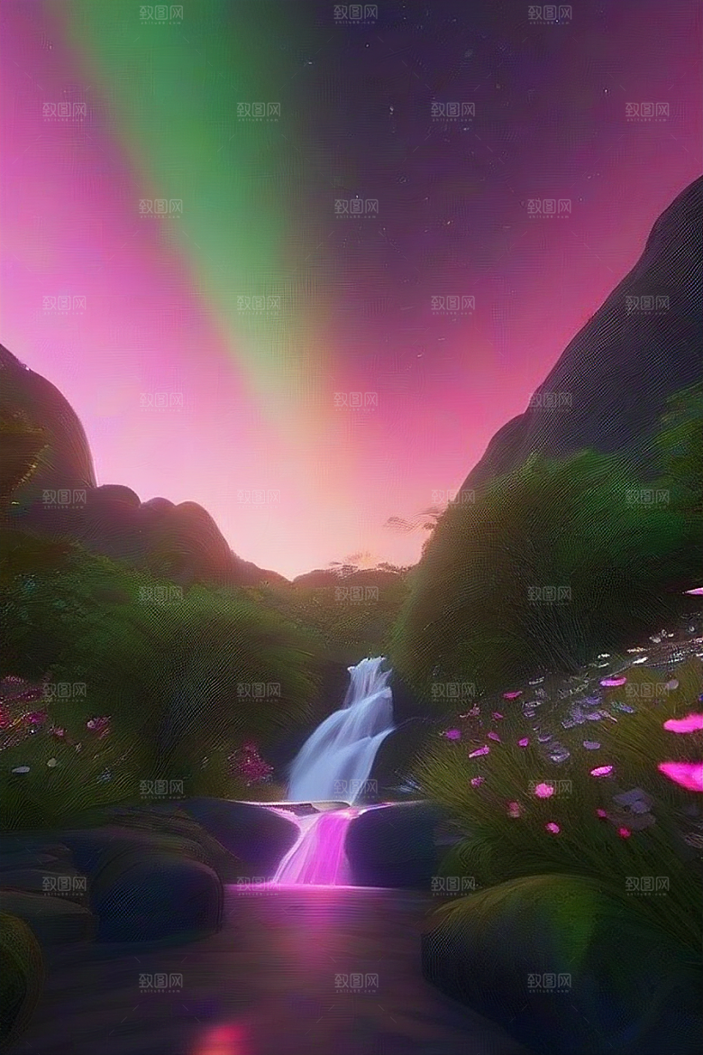 夏夜星辰奇幻极光与仙境丛林