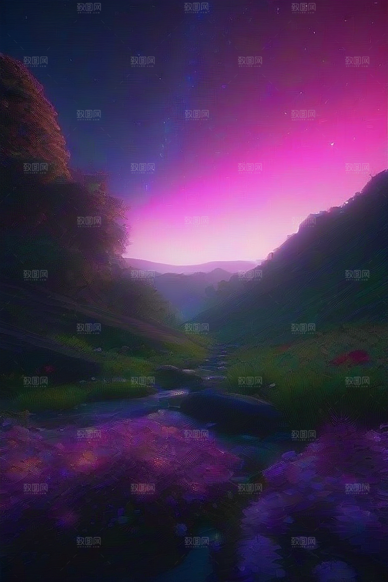 夏夜星辰奇幻极光与仙境丛林