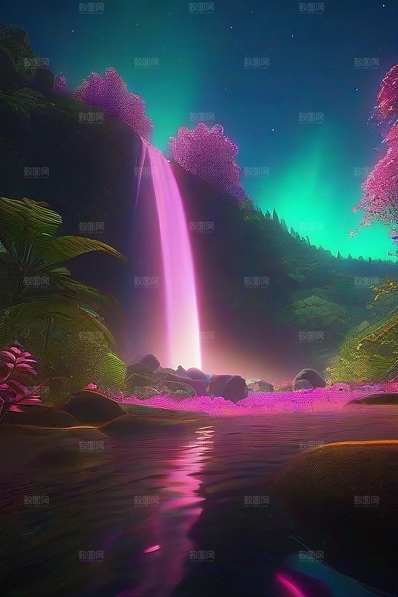 夏夜星辰奇幻极光与仙境丛林